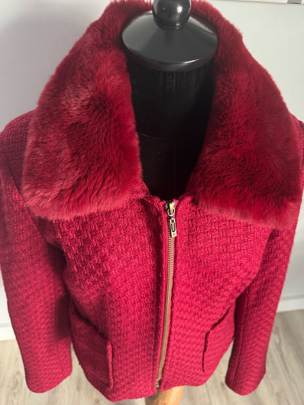 Vintage Red Fur Collar Georgiou Studio Wool Blend Zip Up Holiday Chic Jacket M-L